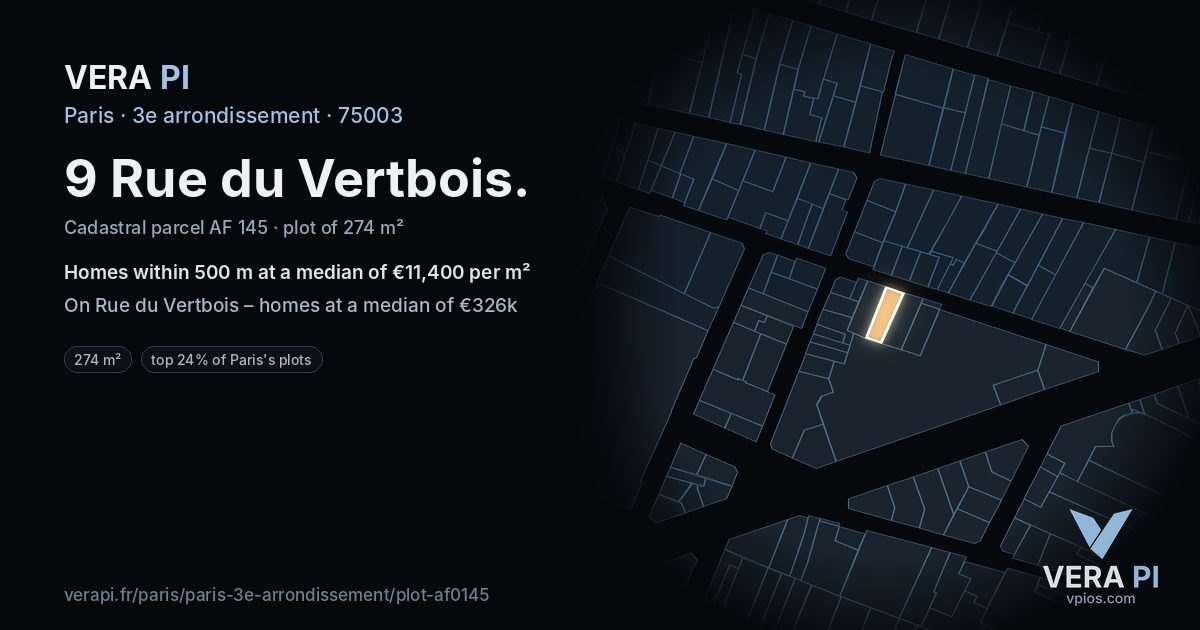9 Rue du Vertbois, 3e arrondissement at night – the plot lit, the parcels around coloured by the prices near them