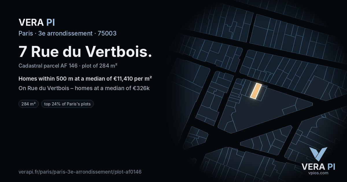 7 Rue du Vertbois, 3e arrondissement at night – the plot lit, the parcels around coloured by the prices near them