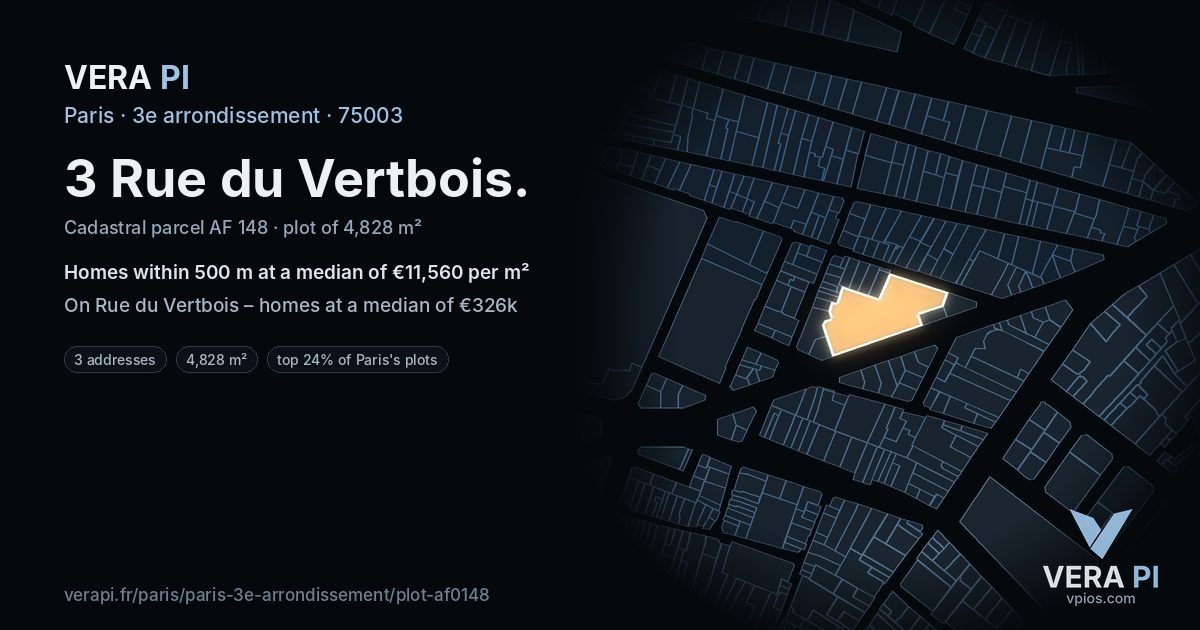3 Rue du Vertbois, 3e arrondissement at night – the plot lit, the parcels around coloured by the prices near them