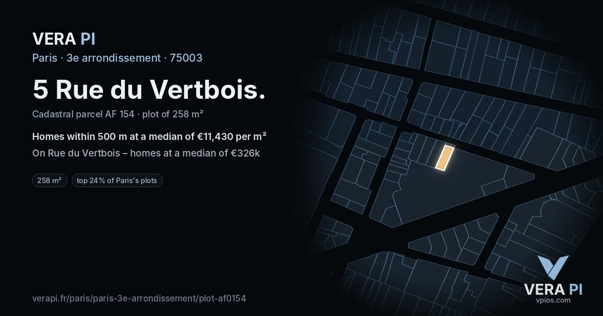 5 Rue du Vertbois, 3e arrondissement at night – the plot lit, the parcels around coloured by the prices near them