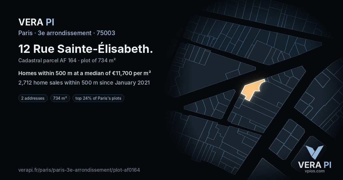 12 Rue Sainte-Élisabeth, 3e arrondissement at night – the plot lit, the parcels around coloured by the prices near them