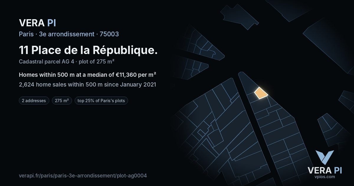 11 Place de la République, 3e arrondissement at night – the plot lit, the parcels around coloured by the prices near them