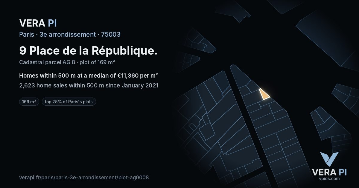 9 Place de la République, 3e arrondissement at night – the plot lit, the parcels around coloured by the prices near them