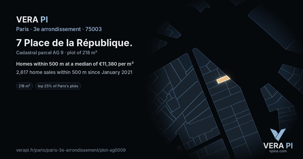 7 Place de la République, 3e arrondissement at night – the plot lit, the parcels around coloured by the prices near them