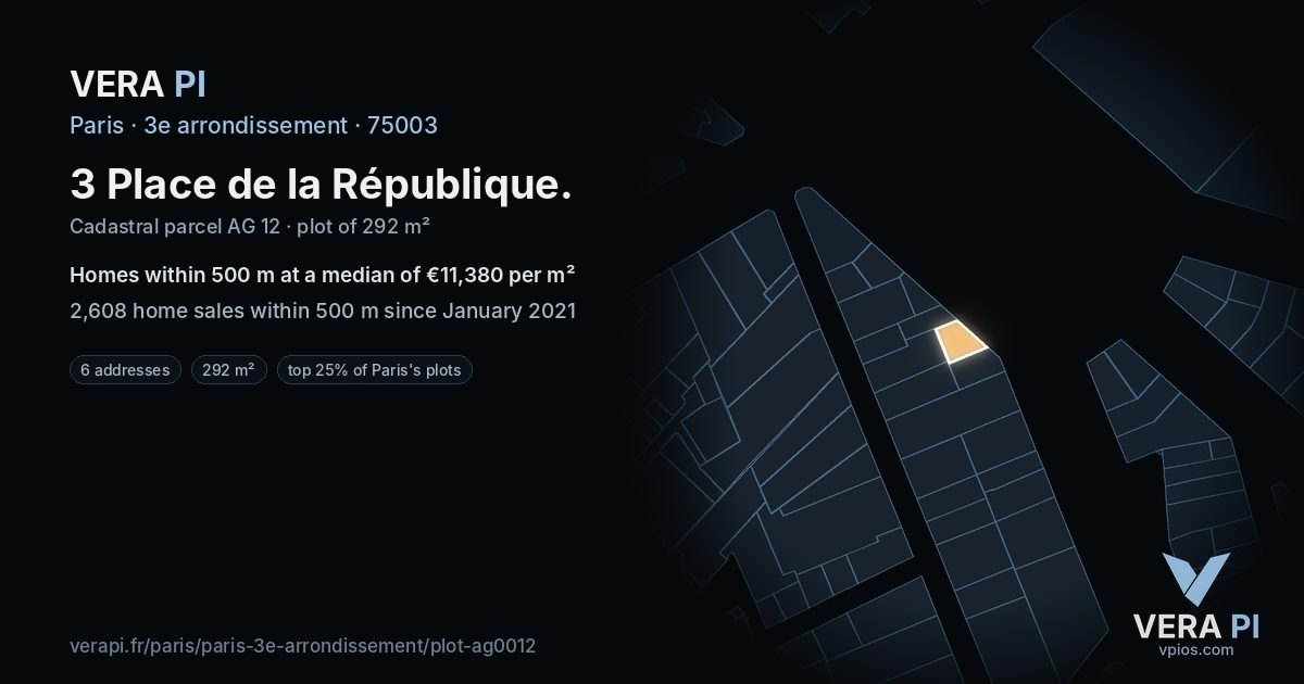 3 Place de la République, 3e arrondissement at night – the plot lit, the parcels around coloured by the prices near them