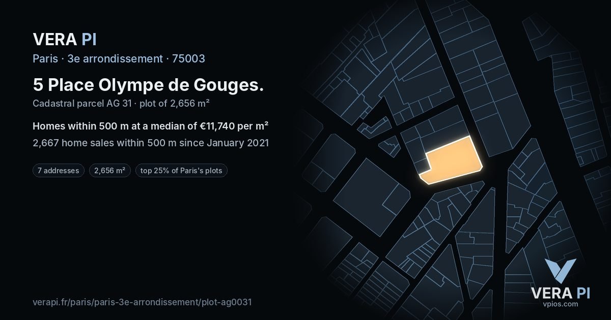 5 Place Olympe de Gouges, 3e arrondissement at night – the plot lit, the parcels around coloured by the prices near them