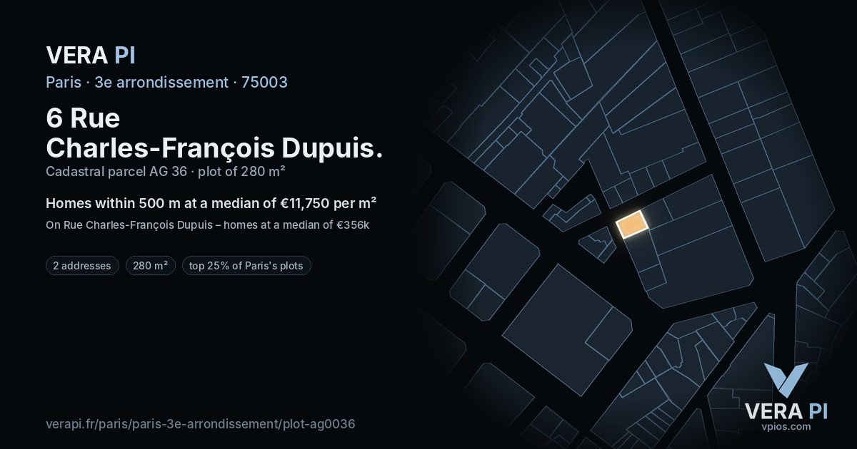 6 Rue Charles-François Dupuis, 3e arrondissement at night – the plot lit, the parcels around coloured by the prices near them