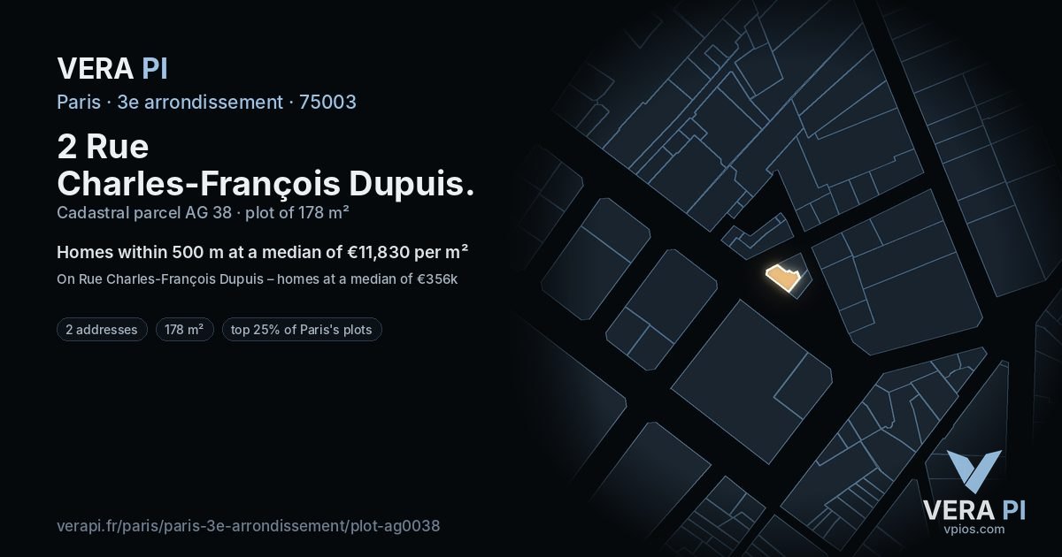 2 Rue Charles-François Dupuis, 3e arrondissement at night – the plot lit, the parcels around coloured by the prices near them