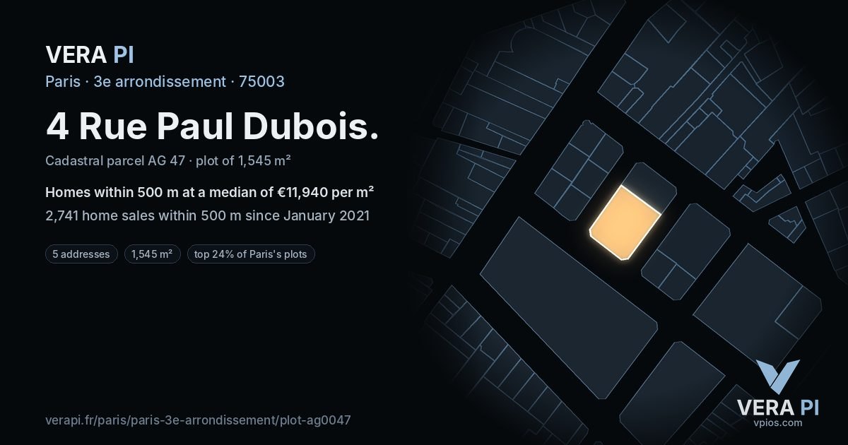 4 Rue Paul Dubois, 3e arrondissement at night – the plot lit, the parcels around coloured by the prices near them