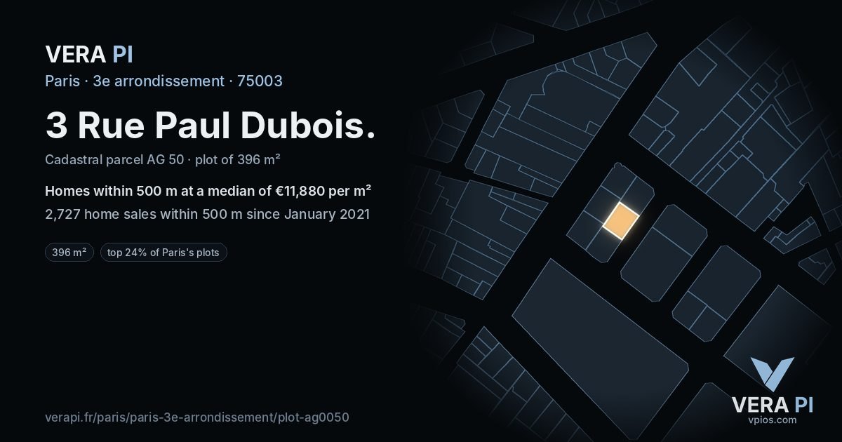3 Rue Paul Dubois, 3e arrondissement at night – the plot lit, the parcels around coloured by the prices near them