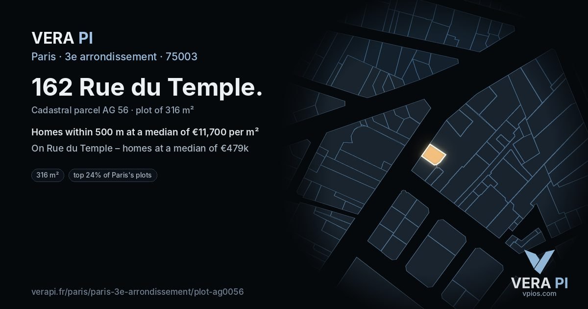 162 Rue du Temple, 3e arrondissement at night – the plot lit, the parcels around coloured by the prices near them
