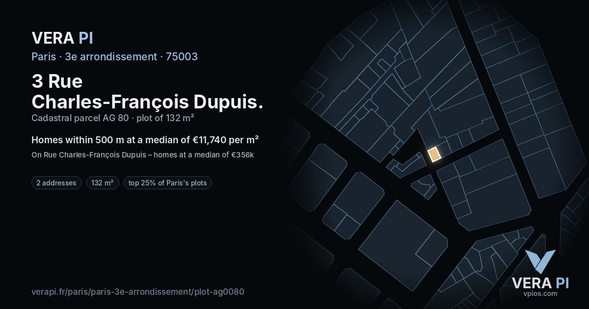 3 Rue Charles-François Dupuis, 3e arrondissement at night – the plot lit, the parcels around coloured by the prices near them