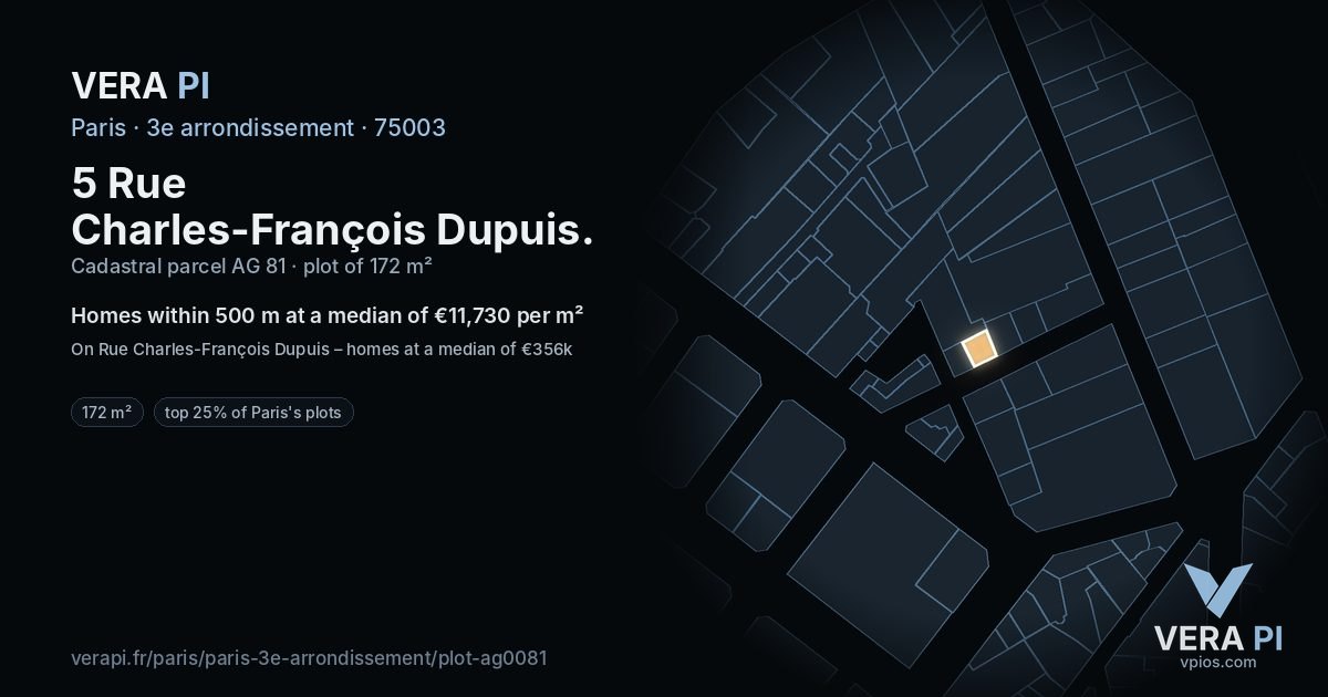 5 Rue Charles-François Dupuis, 3e arrondissement at night – the plot lit, the parcels around coloured by the prices near them