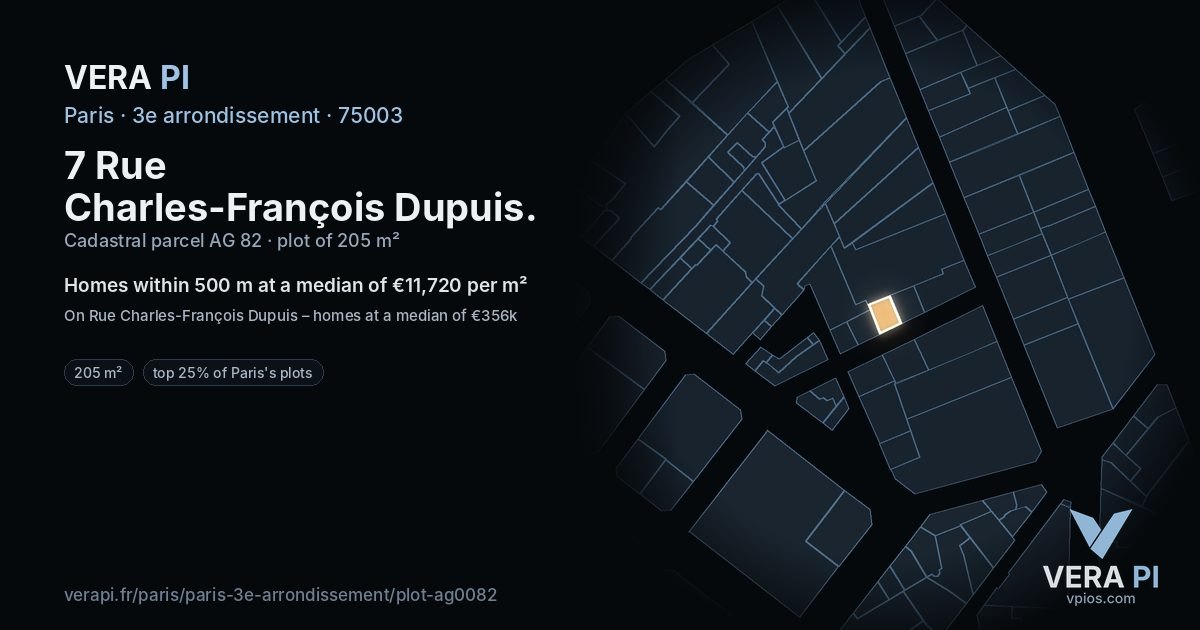 7 Rue Charles-François Dupuis, 3e arrondissement at night – the plot lit, the parcels around coloured by the prices near them