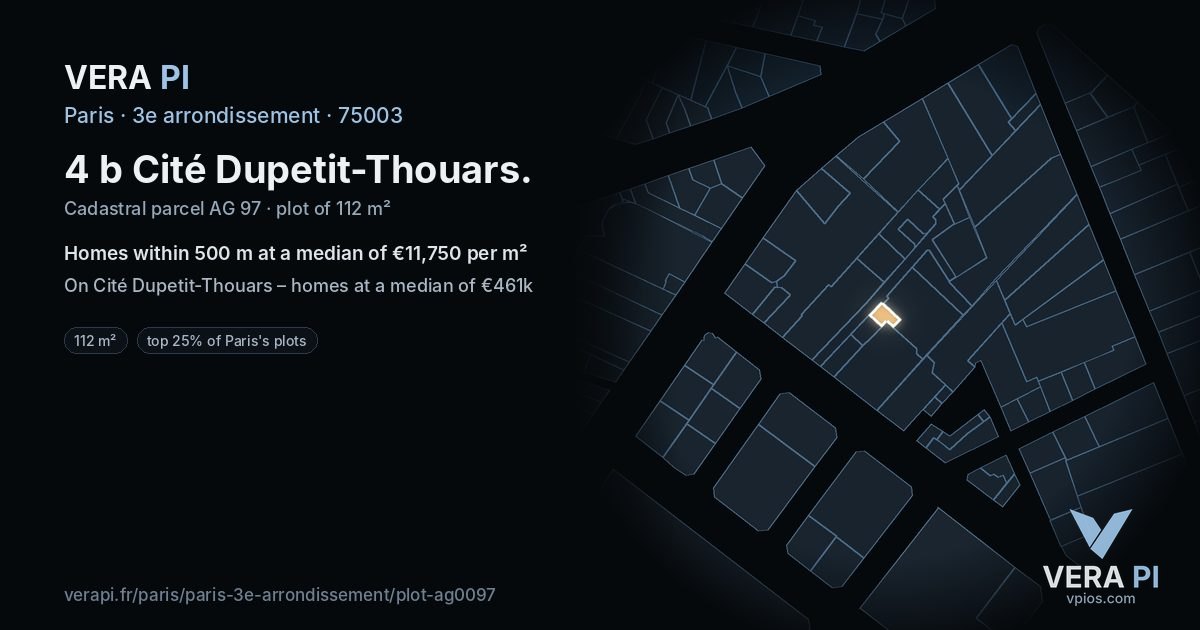 4 b Cité Dupetit-Thouars, 3e arrondissement at night – the plot lit, the parcels around coloured by the prices near them