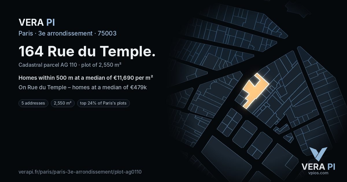 164 Rue du Temple, 3e arrondissement at night – the plot lit, the parcels around coloured by the prices near them
