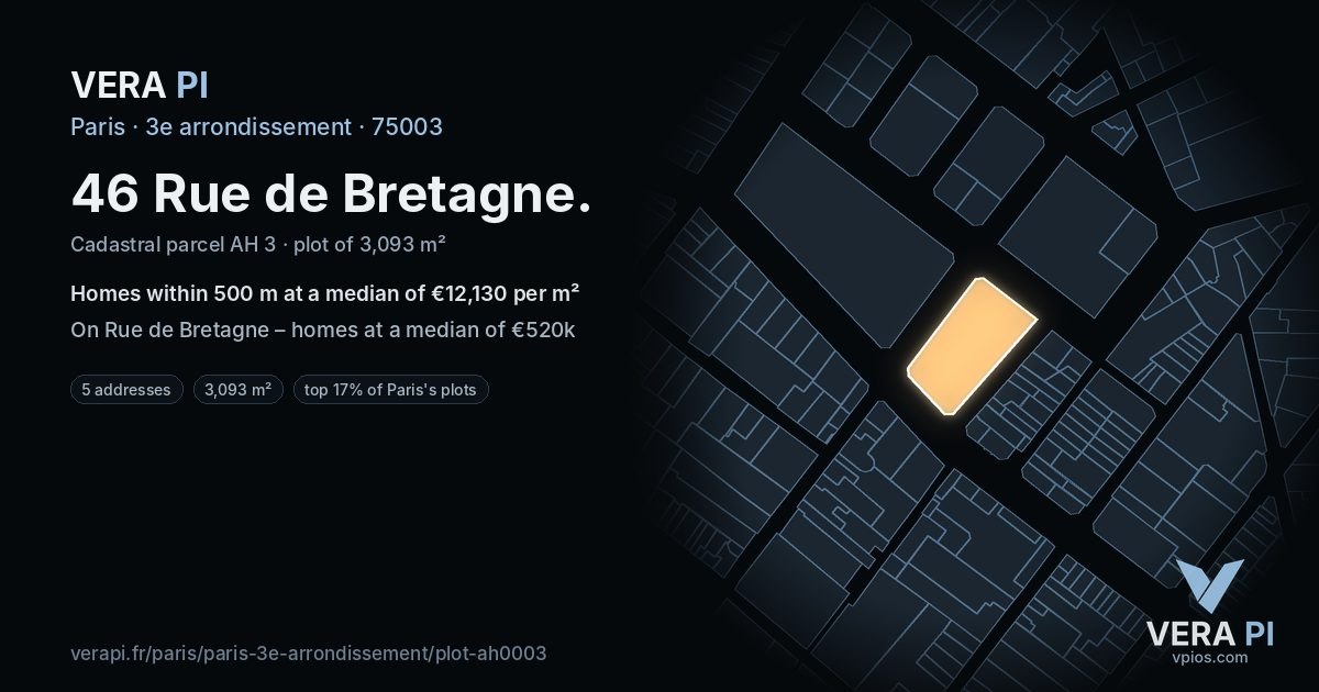 46 Rue de Bretagne, 3e arrondissement at night – the plot lit, the parcels around coloured by the prices near them