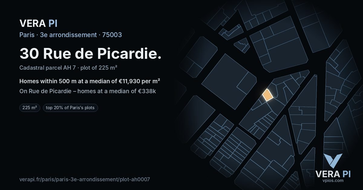 30 Rue de Picardie, 3e arrondissement at night – the plot lit, the parcels around coloured by the prices near them