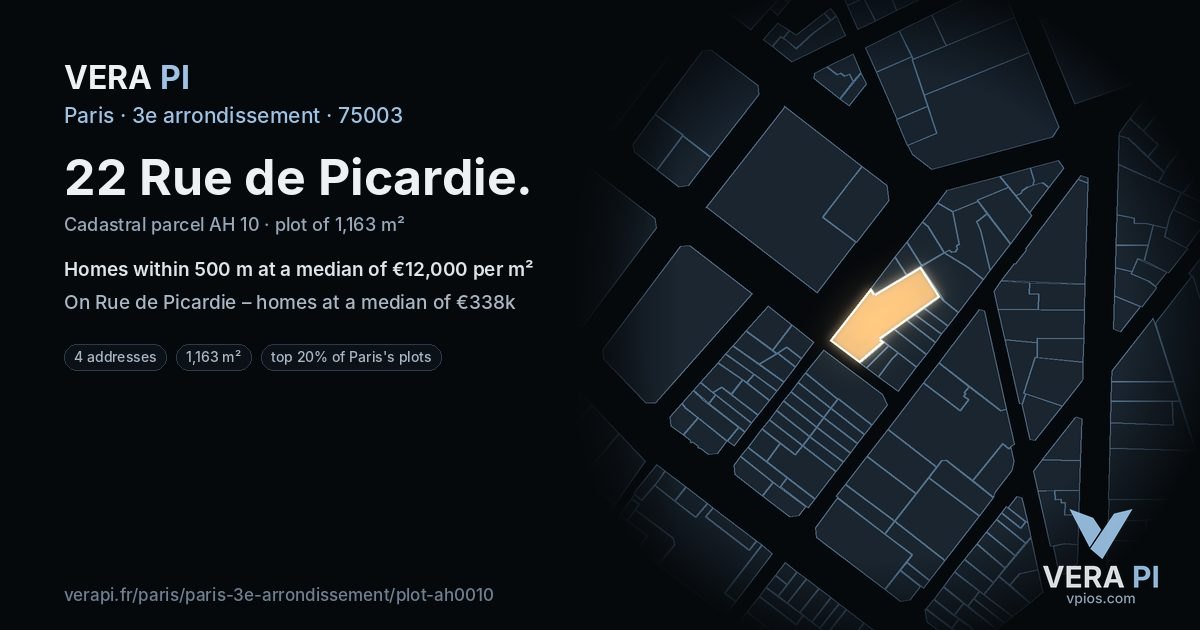 22 Rue de Picardie, 3e arrondissement at night – the plot lit, the parcels around coloured by the prices near them