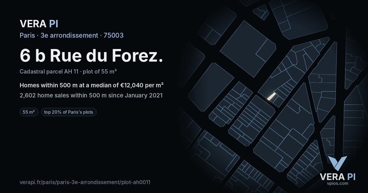 6 b Rue du Forez, 3e arrondissement at night – the plot lit, the parcels around coloured by the prices near them