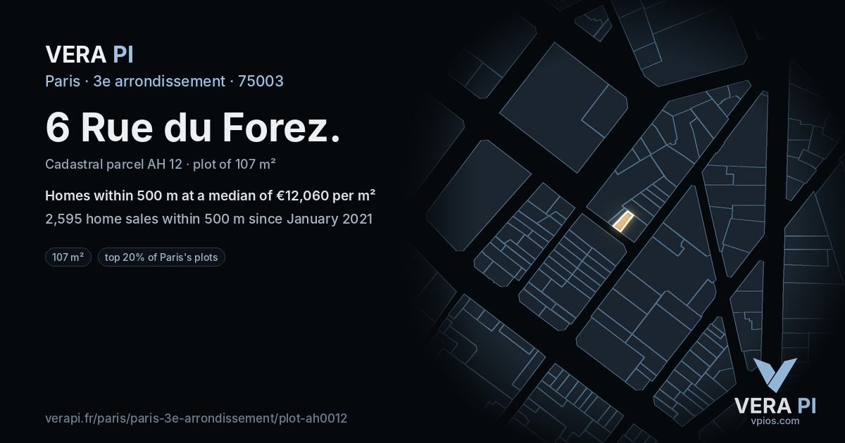 6 Rue du Forez, 3e arrondissement at night – the plot lit, the parcels around coloured by the prices near them