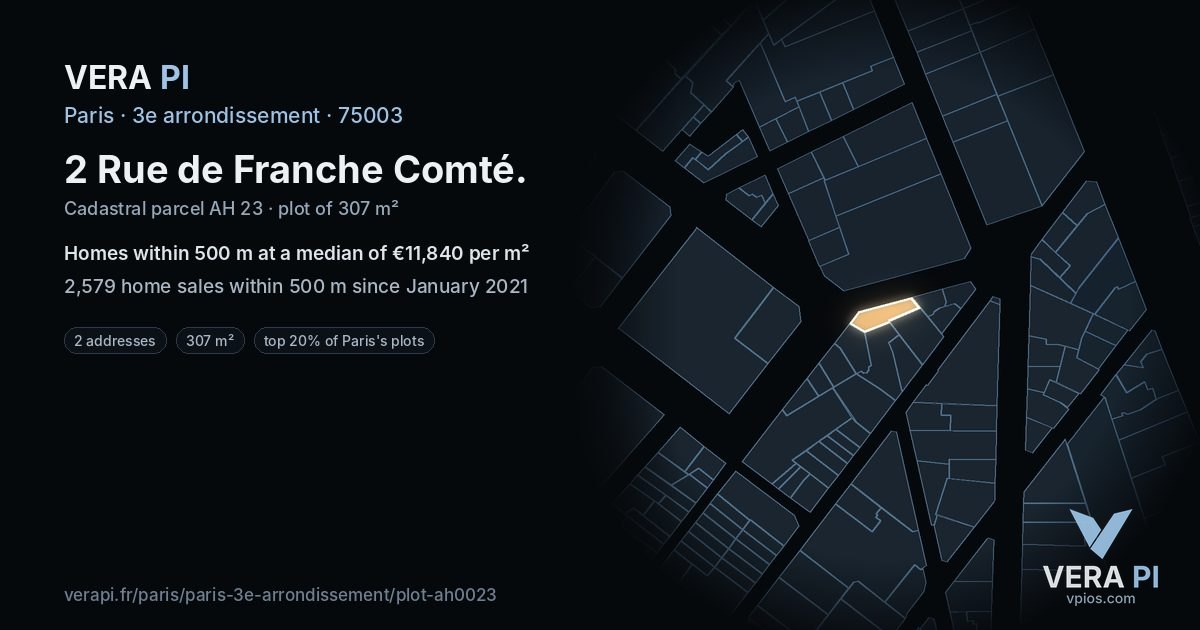 2 Rue de Franche Comté, 3e arrondissement at night – the plot lit, the parcels around coloured by the prices near them