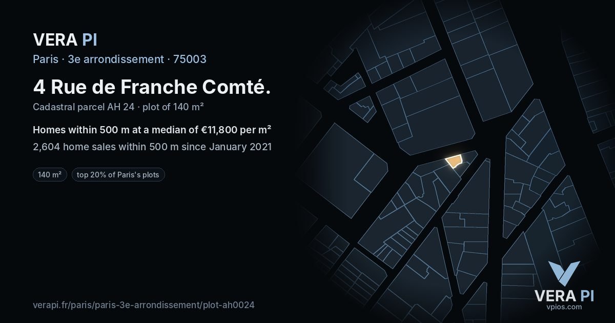 4 Rue de Franche Comté, 3e arrondissement at night – the plot lit, the parcels around coloured by the prices near them