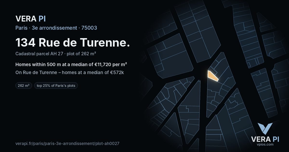 134 Rue de Turenne, 3e arrondissement at night – the plot lit, the parcels around coloured by the prices near them