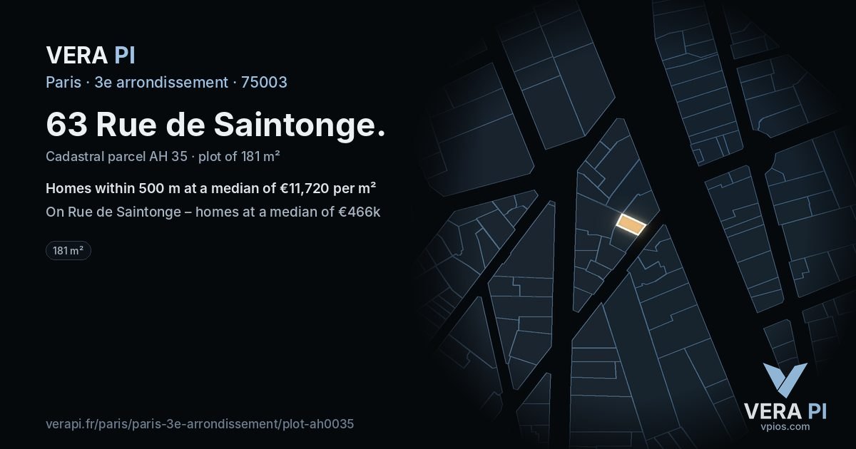 63 Rue de Saintonge, 3e arrondissement at night – the plot lit, the parcels around coloured by the prices near them