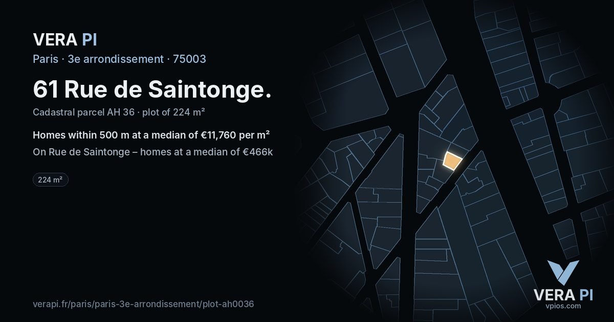 61 Rue de Saintonge, 3e arrondissement at night – the plot lit, the parcels around coloured by the prices near them
