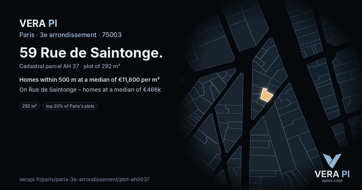 59 Rue de Saintonge, 3e arrondissement at night – the plot lit, the parcels around coloured by the prices near them