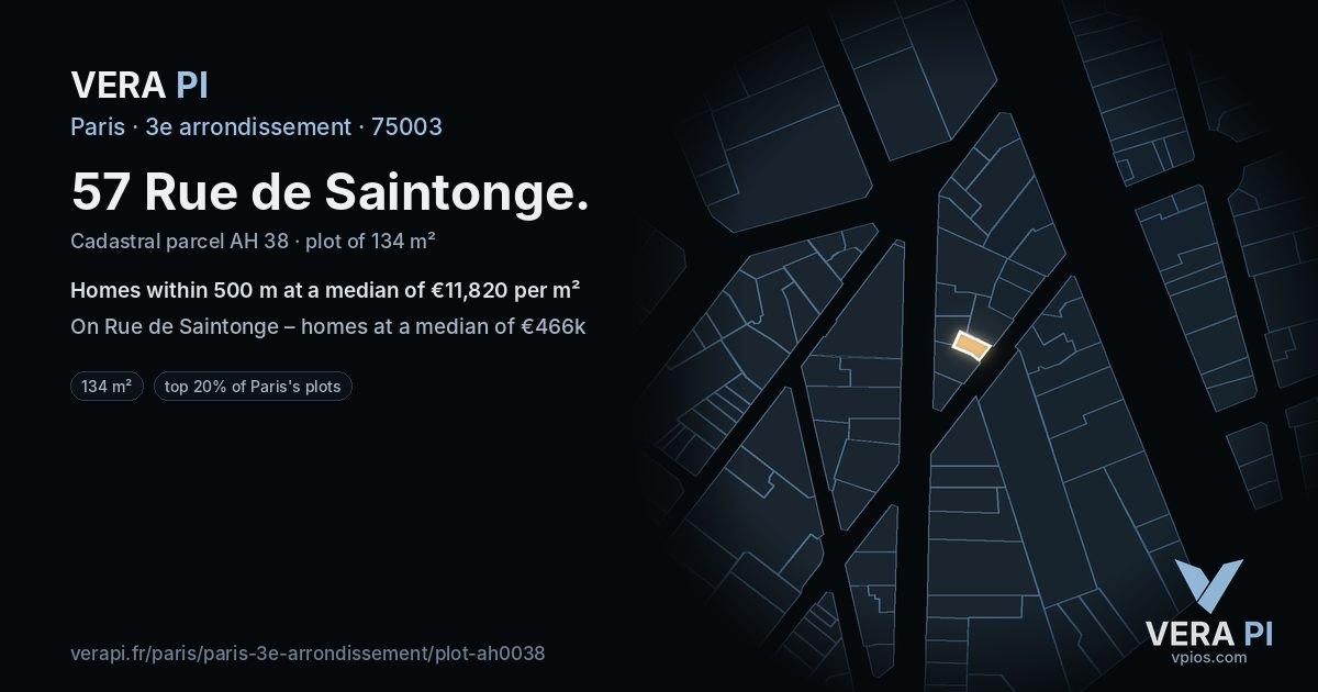 57 Rue de Saintonge, 3e arrondissement at night – the plot lit, the parcels around coloured by the prices near them