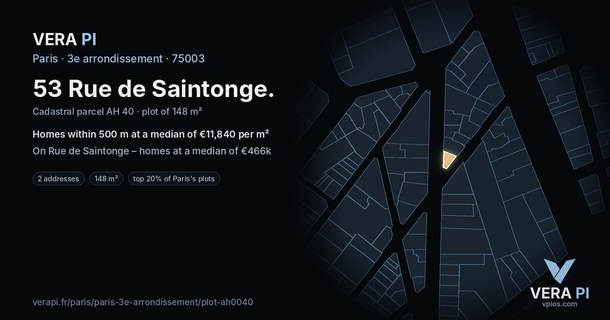 53 Rue de Saintonge, 3e arrondissement at night – the plot lit, the parcels around coloured by the prices near them