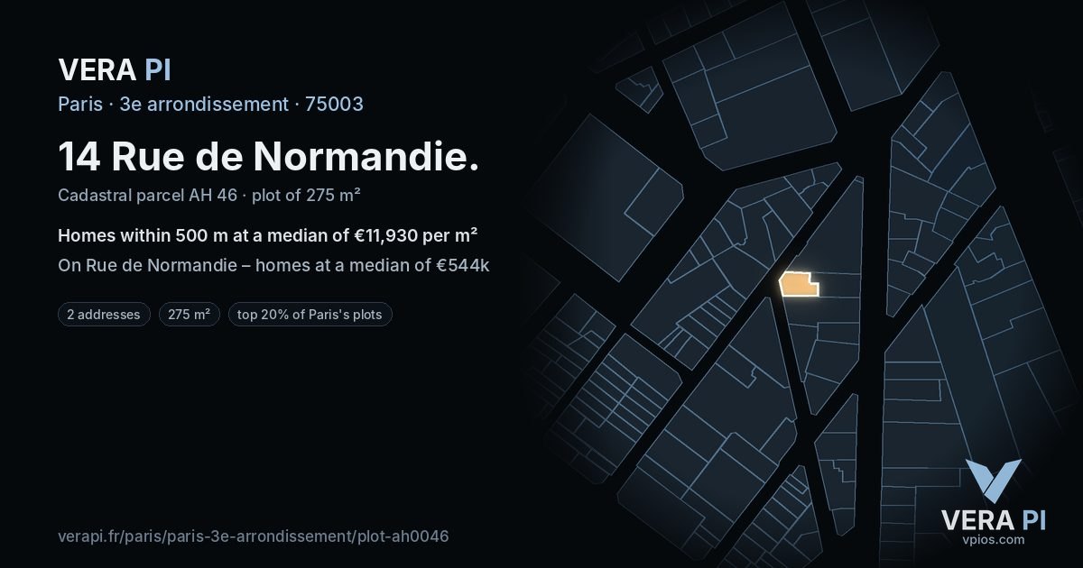 14 Rue de Normandie, 3e arrondissement at night – the plot lit, the parcels around coloured by the prices near them
