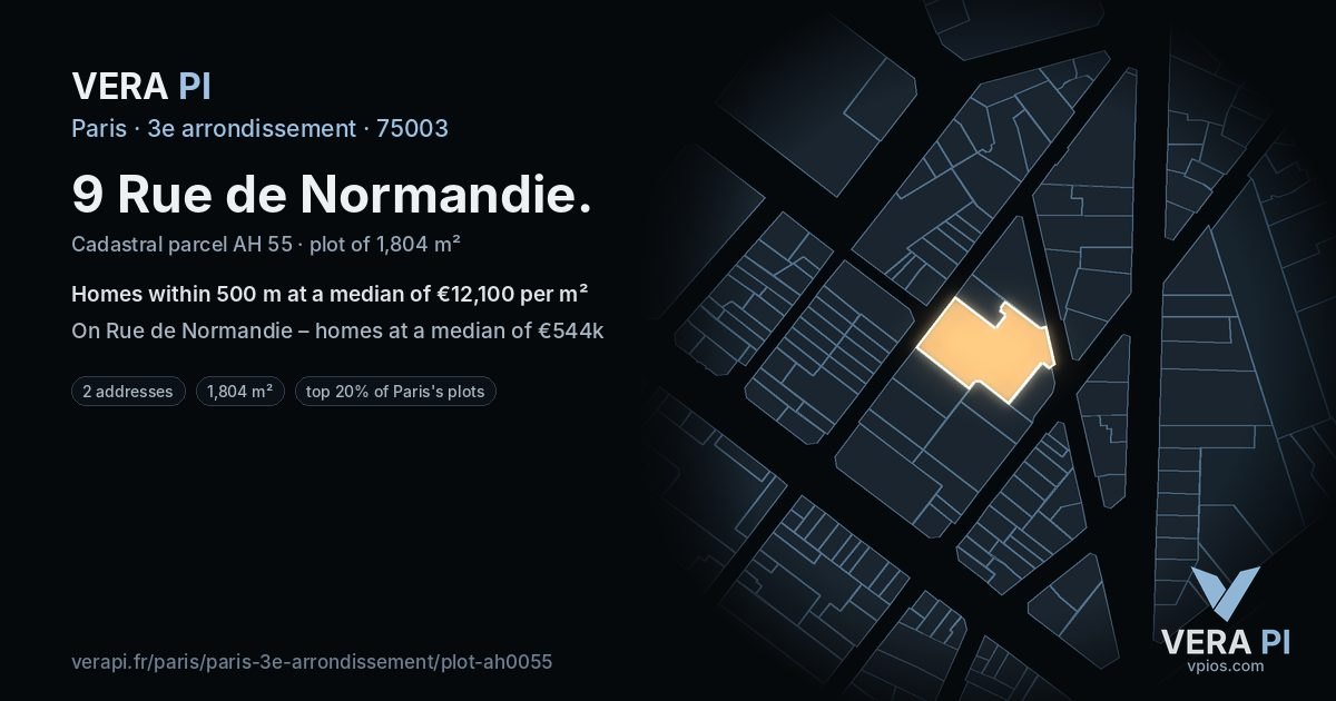 9 Rue de Normandie, 3e arrondissement at night – the plot lit, the parcels around coloured by the prices near them