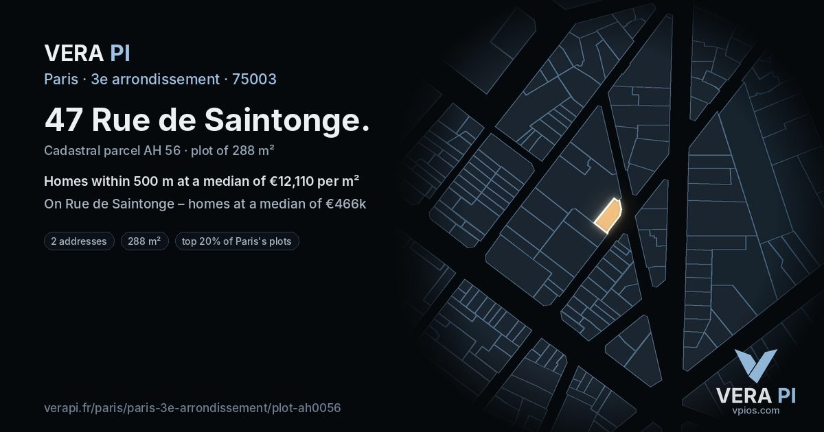 47 Rue de Saintonge, 3e arrondissement at night – the plot lit, the parcels around coloured by the prices near them
