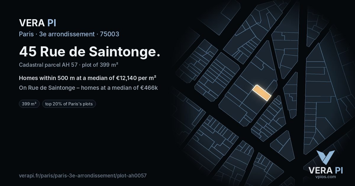 45 Rue de Saintonge, 3e arrondissement at night – the plot lit, the parcels around coloured by the prices near them