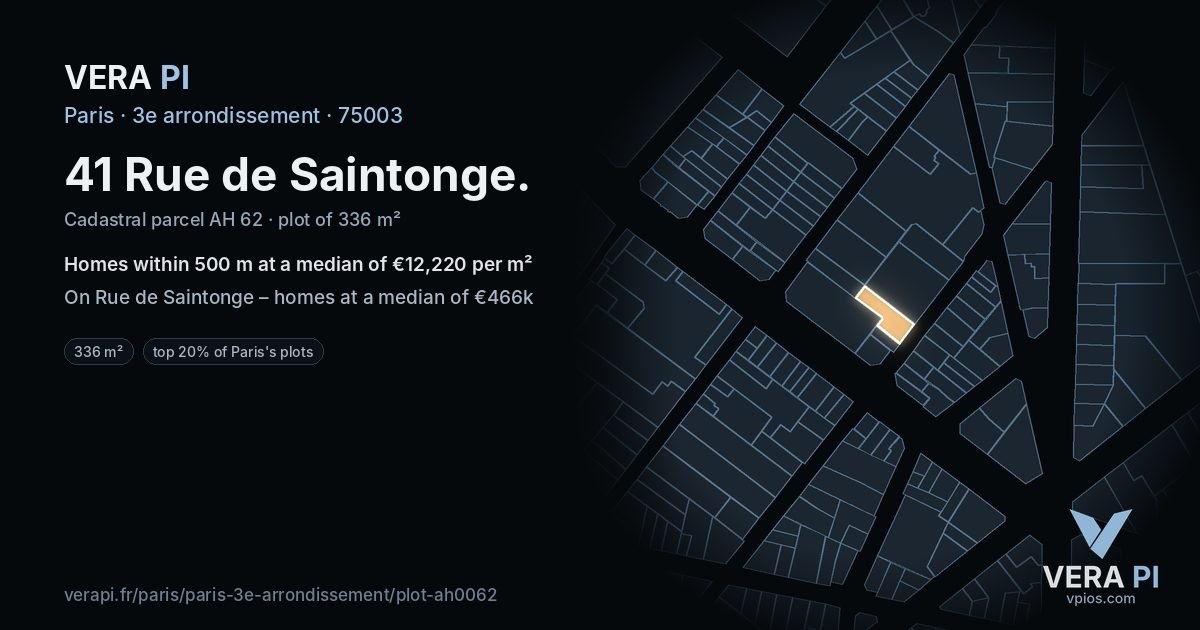 41 Rue de Saintonge, 3e arrondissement at night – the plot lit, the parcels around coloured by the prices near them