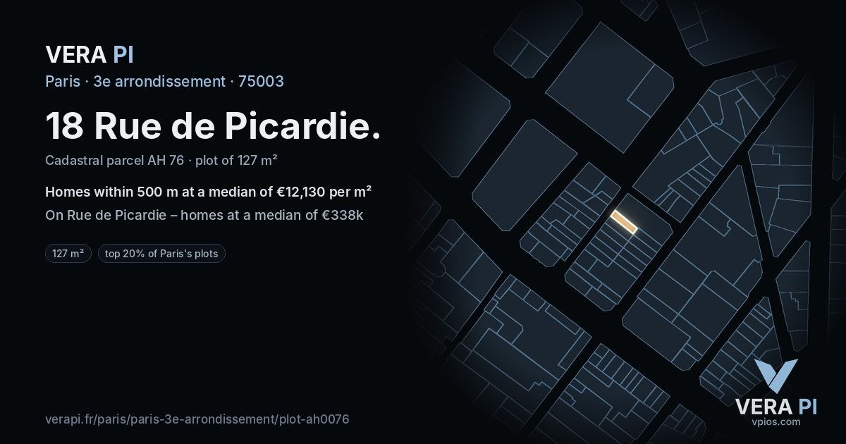 18 Rue de Picardie, 3e arrondissement at night – the plot lit, the parcels around coloured by the prices near them