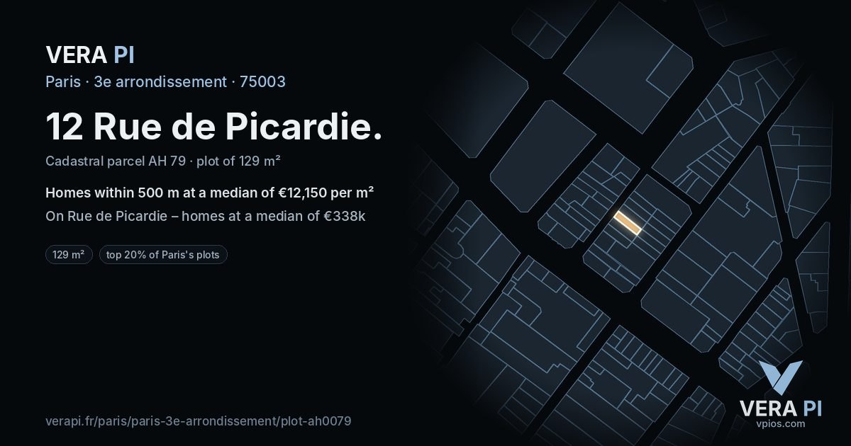 12 Rue de Picardie, 3e arrondissement at night – the plot lit, the parcels around coloured by the prices near them