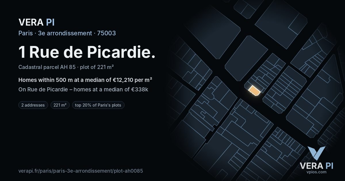 1 Rue de Picardie, 3e arrondissement at night – the plot lit, the parcels around coloured by the prices near them