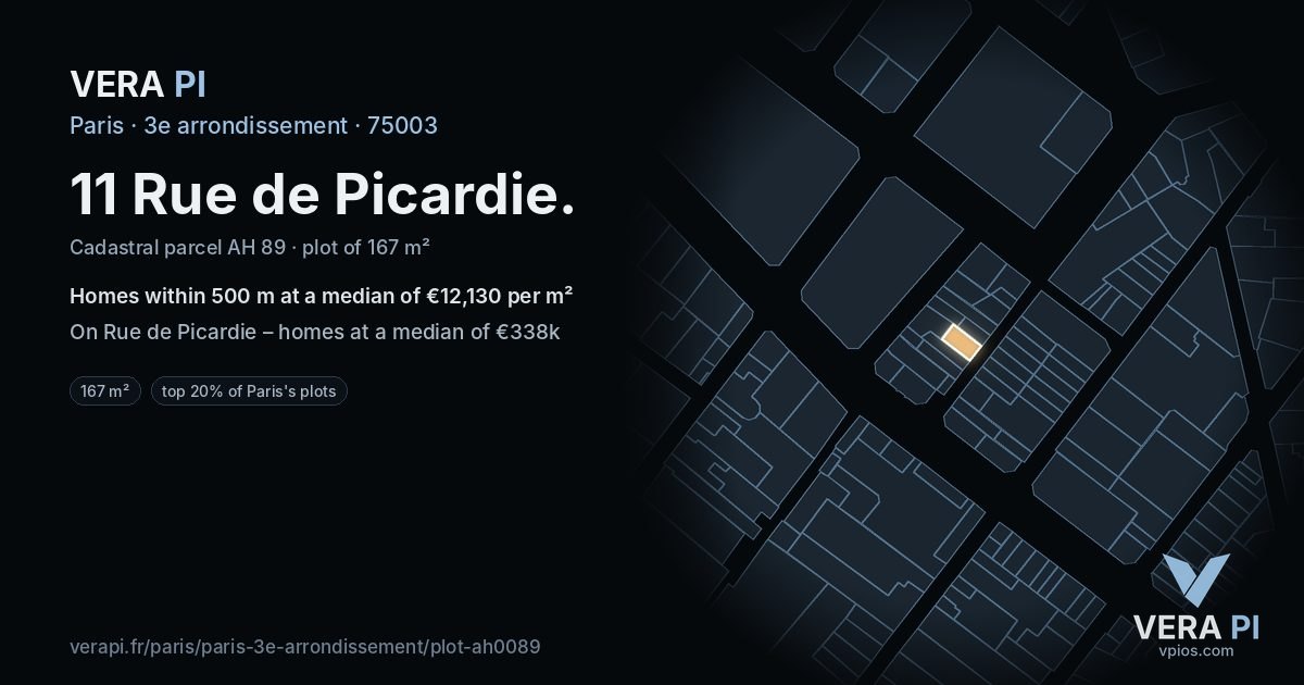 11 Rue de Picardie, 3e arrondissement at night – the plot lit, the parcels around coloured by the prices near them