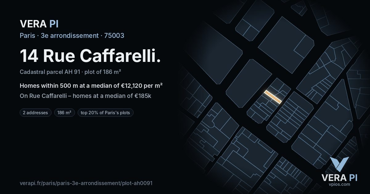14 Rue Caffarelli, 3e arrondissement at night – the plot lit, the parcels around coloured by the prices near them