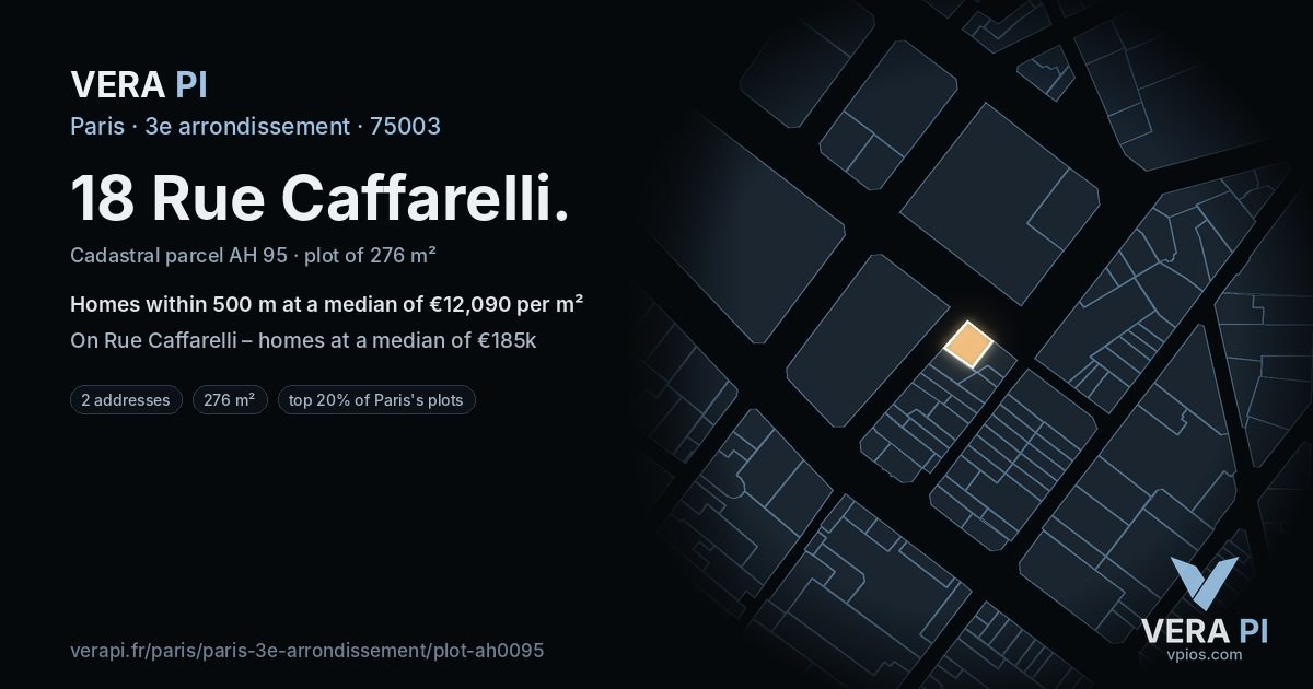 18 Rue Caffarelli, 3e arrondissement at night – the plot lit, the parcels around coloured by the prices near them