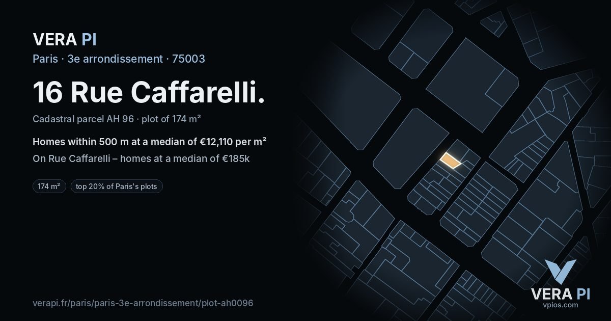 16 Rue Caffarelli, 3e arrondissement at night – the plot lit, the parcels around coloured by the prices near them