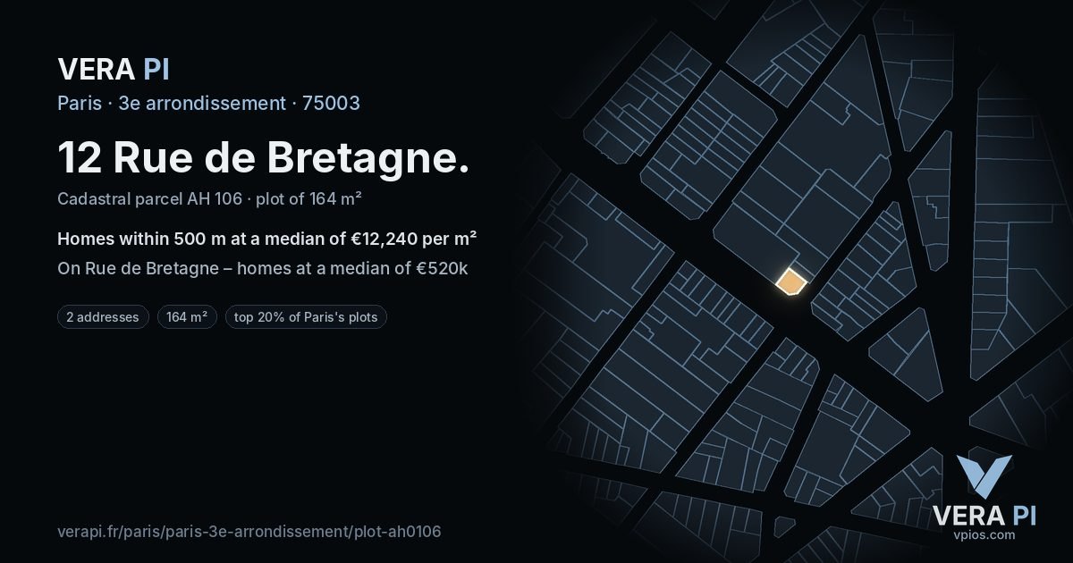 12 Rue de Bretagne, 3e arrondissement at night – the plot lit, the parcels around coloured by the prices near them