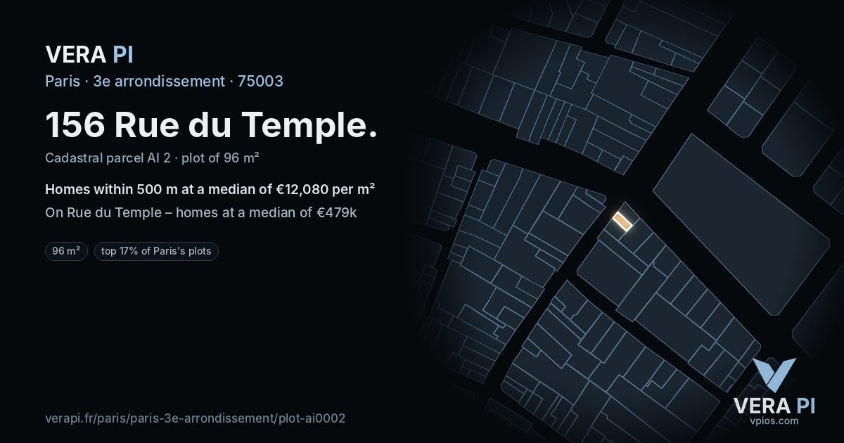 156 Rue du Temple, 3e arrondissement at night – the plot lit, the parcels around coloured by the prices near them