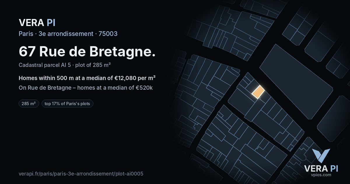 67 Rue de Bretagne, 3e arrondissement at night – the plot lit, the parcels around coloured by the prices near them