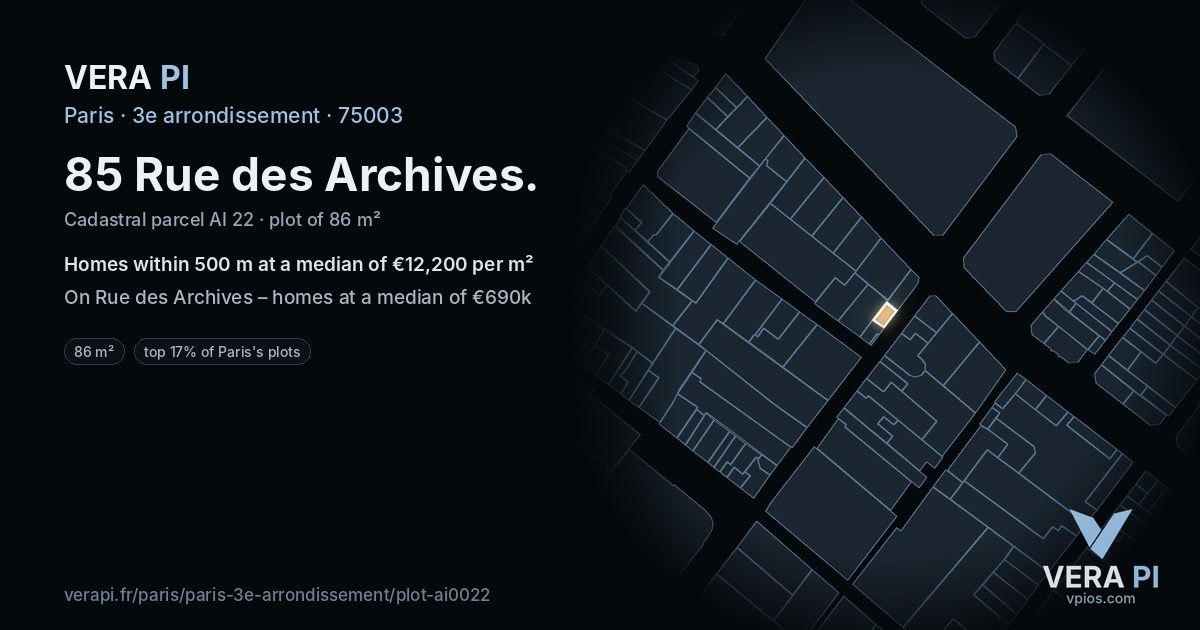 85 Rue des Archives, 3e arrondissement at night – the plot lit, the parcels around coloured by the prices near them