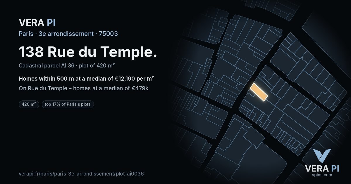 138 Rue du Temple, 3e arrondissement at night – the plot lit, the parcels around coloured by the prices near them